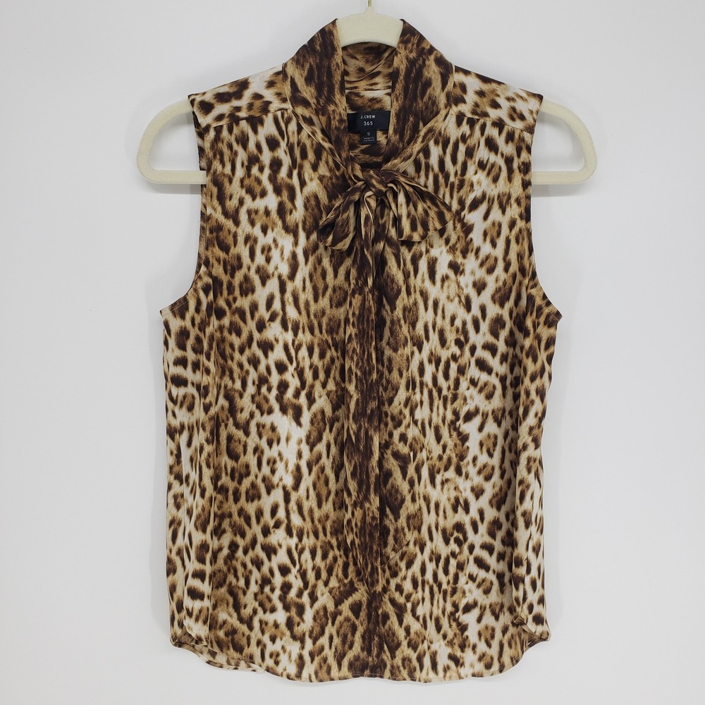 J Crew Leopard Print Tie Neck Blouse Women S Brown Sleeveless Bow Top Animal